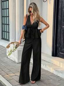Conjunto de top de tirantes de mezclilla con volantes y pantalones de mezclilla para mujer, ideal para el verano, primavera, Día de San Valentín, carnaval, viajes, graduación, estilo Y2K, fiesta, boda, negocios casuales.Incluye top con cintura con cordón y pantalones de corte holgado. - Negro - Ver 5