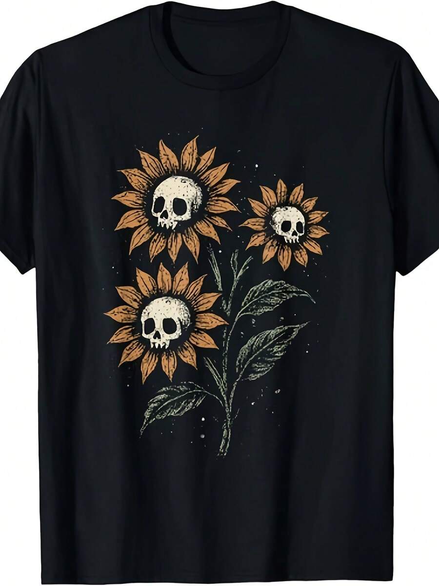 Gothic Style T-Shirt/Sweater, Dark, Cute, Alternative, Grunge, Rock, Y2K With Skull And Sunflower Design, Lightweight And Breathable, Unisex, Short Sleeve, Round Neck, Suitable For Casual Daily Wear And Outdoor Activities, Machine Washable. - 黑色 - 查看 1