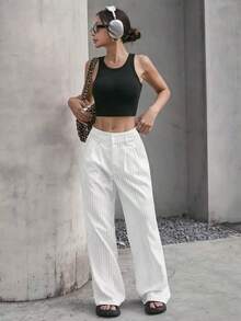 Pantalones anchos de mujer con pliegues y rayas, con cintura de bloques de color para otoño/invierno - Blanco - Ver 3