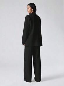 Conjunto elegante de mujer con top de tirantes de unicolor con cuello en V + chaqueta de manga larga + pantalones largos para otoño/invierno - Negro - Ver 2