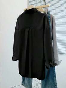 Camisa casual de mujer de un solo pecho de manga larga con hombros caídos y unicolor - Negro - Ver 2