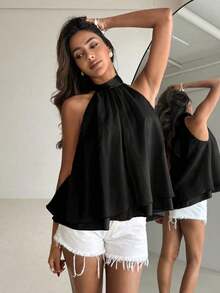 Camiseta sin mangas de gasa con cuello halter, fruncida y con línea A, de estilo bohemio minimalista y sexy, color morado berenjena, para primavera/verano - Negro 2 - Ver 1