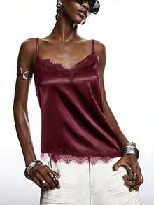 2026 Nueva Blusa Minimalista de Primavera Verde Oliva de Encaje y Satén Brillante, Elegante Camisola con Ribete de Encaje Adecuada para Primavera/Verano; Elegante Camisa Adecuada para Fiesta, Primavera, Navidad, Año Nuevo; Elegante Camisola de Satén - Burdeos - Ver 6