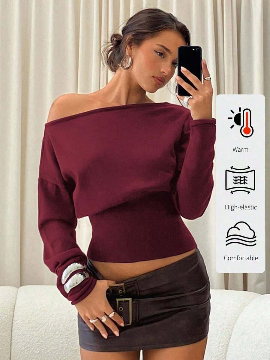 Suéter morado de manga larga, cuello asimétrico y hombros descubiertos, de punto ajustado para mujer, para otoño/invierno - Burdeos - Ver 1