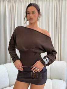 Suéter morado de manga larga, cuello asimétrico y hombros descubiertos, de punto ajustado para mujer, para otoño/invierno - Marrón - Ver 4
