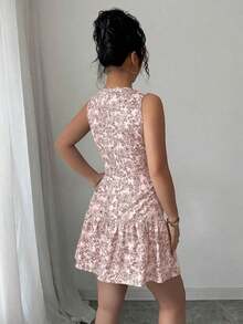 Vestido mini elegante de estilo bohemio con estampado floral, sin mangas y cintura ceñida para mujeres, conjunto de verano con acabado tejido al estilo francés para graduaciones, primavera/verano - Rosa 3 - Ver 2