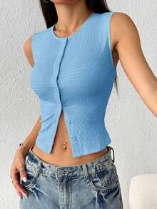 Top corto casual y ajustado de unicolor con botones de mujer, para el verano - Azul - Ver 3