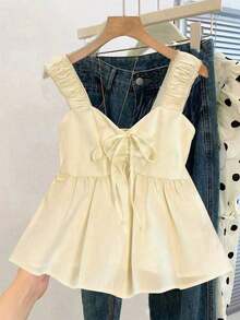Blusa de estilo vintage para vacaciones con estampado de lunares, fruncida y con nudo delantero, para verano - Albaricoque - Ver 7