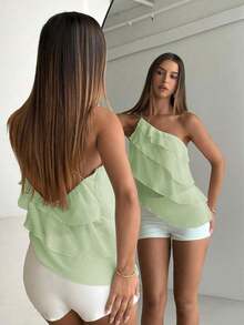Nueva blusa elegante y romántica de primavera/verano para citas, Día de San Valentín, temporada de bodas, de gasa rosa con un hombro, espalda descubierta, volantes en capas, blusa sexy con volantes para la playa, atuendo de boda, camisa rosa elegan - verde menta - Ver 2