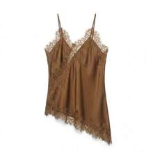 Camiseta sin mangas asimétrica de encaje con contraste de unicolor para mujer, elegante top holgado sin mangas casual de verano - Marrón Mocha - Ver 2