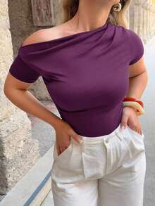Camiseta Casual Para Mujer De Cuello Asimétrico Y Plisado De Color Sólido - Morado 2 - Ver 3