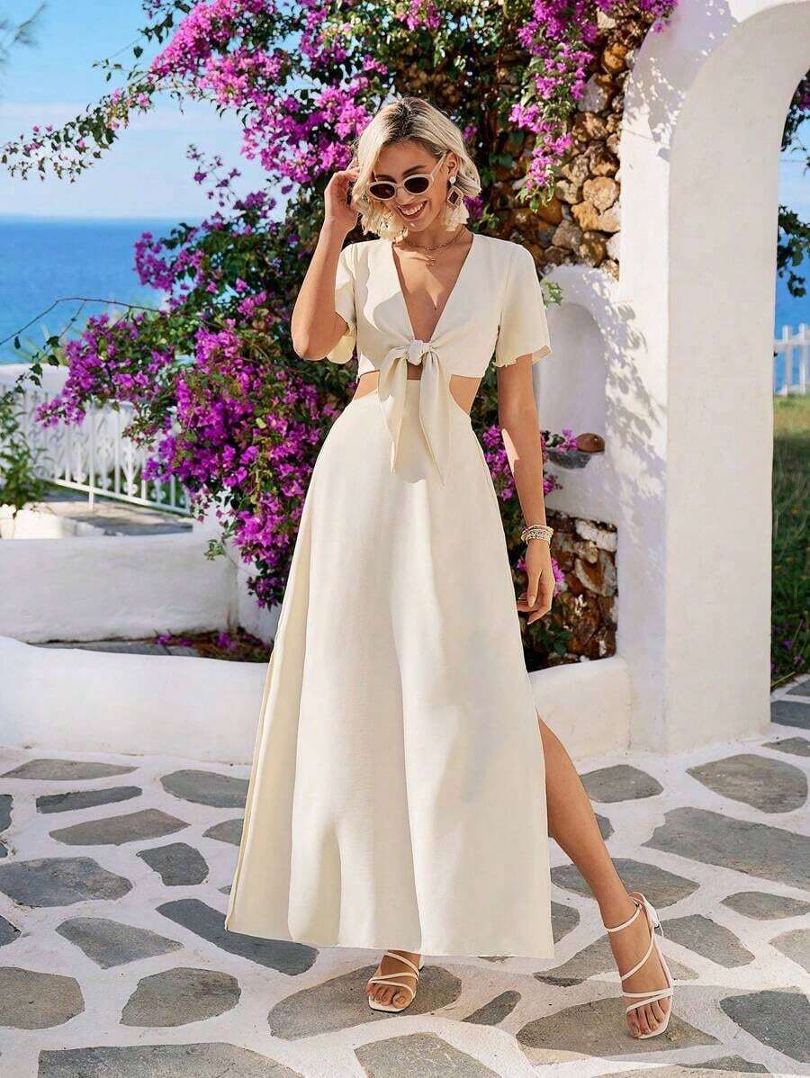 Vestido unicolor de cuello profundo con nudo delantero con abertura de muslo con abertura - Beis - Ver 1