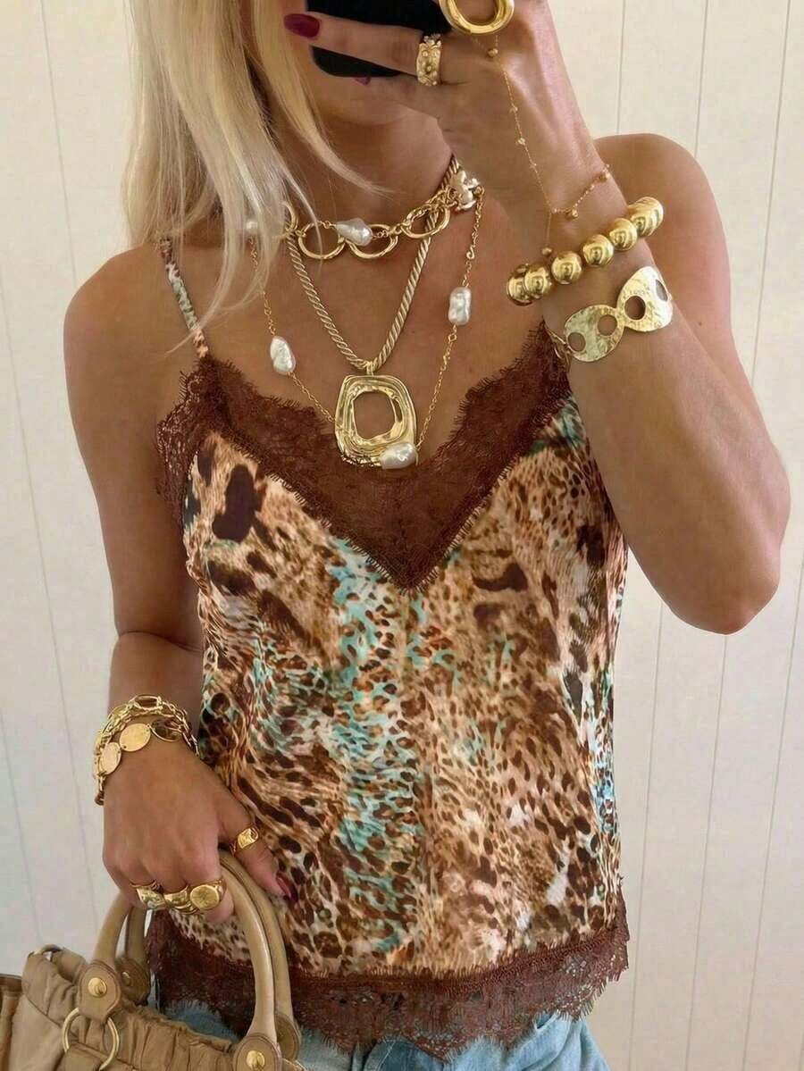 Camiseta de tirantes de mujer de verano, de unicolor con parches de encaje - Multicolor 3 - Ver 1