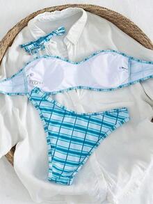 Set de 2 piezas Bikini bandeau con estampado floral rosa para mujer, con tirantes desmontables adecuado para vacaciones en la isla y sesiones de fotos en la playa en verano - Multicolor 8 - Ver 2