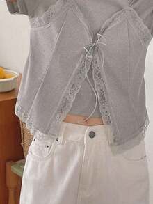 Camiseta de mujer con cuello redondo de manga corta con 2 en 1 y encaje empalmado - Gris 3 - Ver 3