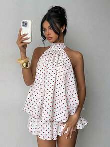 Vestido mini elegante de mujer con estampado de lunares y escote halter sin espalda - Rojo y blanco - Ver 7