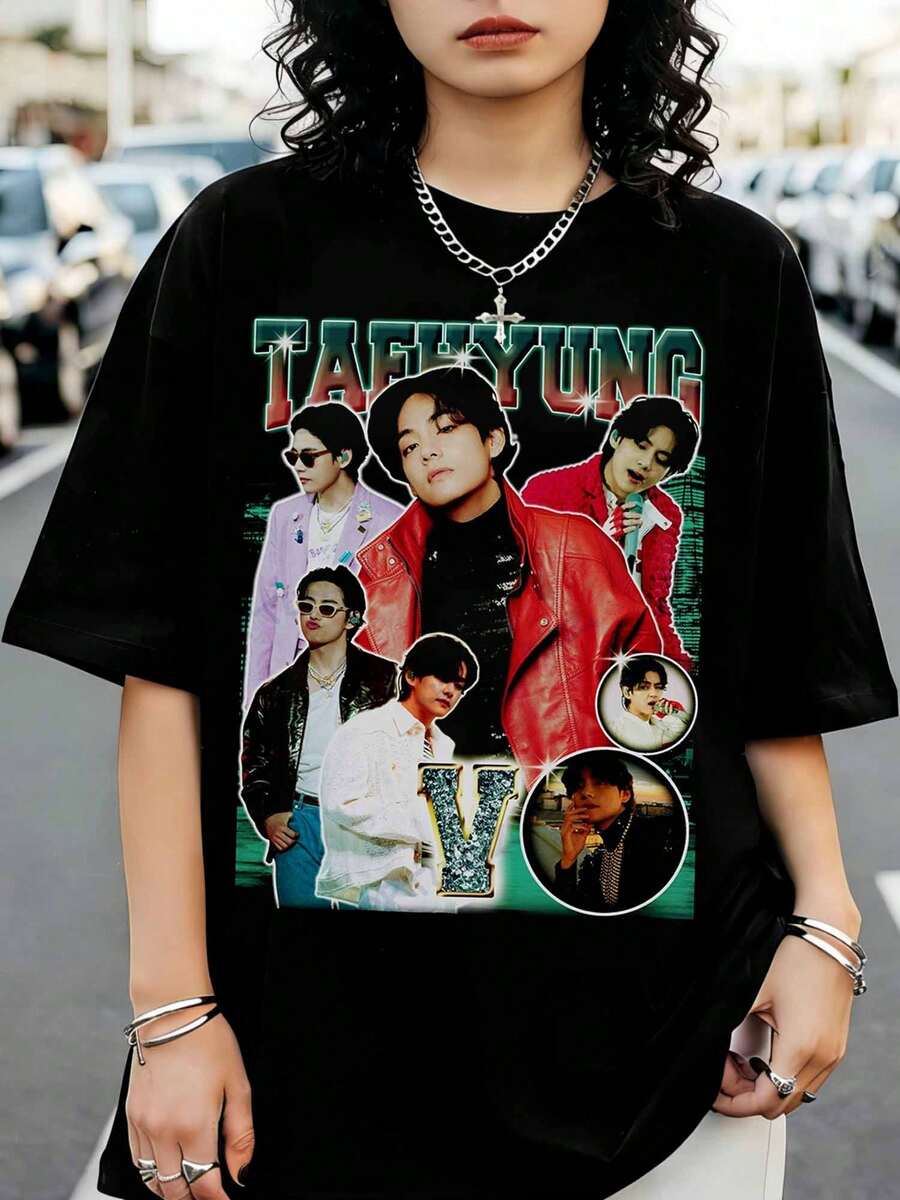BTSS T-Shirt K-POP TAEHYUNG Retro Boyband Vintage Music - Fashion For Fans - Black - View 1