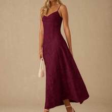 Spring/Summer Romantic Women's Pastel Purple Jacquard Pleated Backless Strap Maxi Dress,Sweet&Elegant For Vacation&Date&Holiday&Party&Graduation&Wedding Guest&Beach,Prom Dress,Summer Dresses For Women,Sun Dresses For Women,Summer Clothes - Burdeos - Ver 1