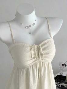 Camiseta de tirantes con volantes de unicolor lindo para damas, ropa de verano para la universidad - Albaricoque - Ver 4