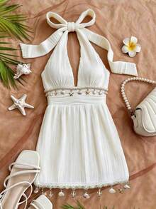 Vestido de verano sin mangas con cuello halter y espalda descubierta de unicolor para mujer - Blanco - Ver 6