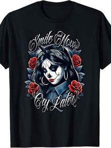 Smile Now, Cry Later - Latina Clown Tattoo Design T-Shirt - Mexican Folk Art With Skull, Catrina, Sugar Skull Design And Spanish Text - Unisex Black T-Shirt For Men And Women, Day Of The Dead Party Outfit - 黑色 - 查看 1