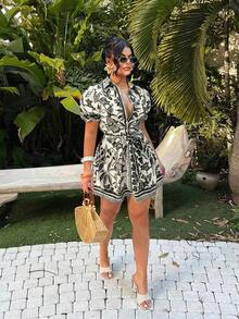 MEXSHEIN  Vestido corto de tipo A de manga corta con un solo pecho y lazo delantero de estilo bohemio, vestidos cortos de verano para mujeres, atuendos de vacaciones en la isla, vestidos de verano, atuendos de vacaciones para mujeres, ropa de mujer bohemia, atuendos de crucero para mujeres, atuendos de Hawái para mujeres, vestido tropical, vestido camisero, atuendos de IbizaMEX 4T65 - Multicolor 2 - Ver 11