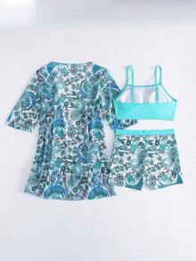 Conjunto de playa de 3 piezas para mujer: top de bikini corto negro, kimono de malla y shorts - Multicolor 4 - Ver 3