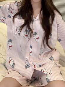 Gongdie 3件組Miffy女款睡衣套裝，柔軟舒適條紋印花居家服 - 粉色 - 查看 3