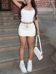 Falda vaquera casual de línea A con presillas para cinturón, falda de moda para primavera/verano - Blanco - Ver 3