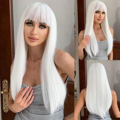 Long Straight White Synthetic Wigs For Afro Women With Bangs Daily Cosplay Hair Natural Wigs Heat Resistant Fiber Wig