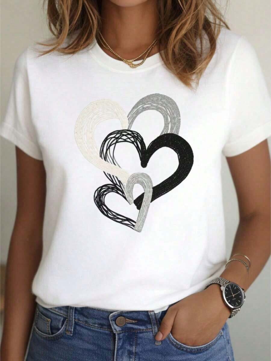 Mother's Day Set, 100% Cotton Clothing, Fitted T-Shirt For The New Year 2026 | Heart Print Design, Casual Wear, Quick Dry, Fashionable Casual Top, Round Neck, Regular Fit, Short Sleeves, Slightly Stretchy Fabric, Women's Tops. - 白色 - 查看 1