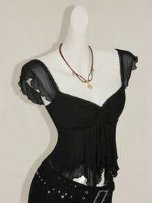 Top sin mangas con volantes, escote con pliegues, ajuste ceñido, parches de malla sexy, espalda con lazo, top casual de vacaciones - Negro 2 - Ver 6