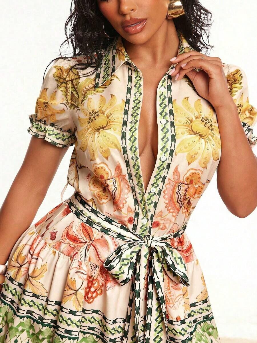 MEXSHEIN Vestido corto de tipo A de manga corta con un solo pecho y lazo delantero de estilo bohemio, vestidos cortos de verano para mujeres, atuendos de vacaciones en la isla, vestidos de verano, atuendos de vacaciones para mujeres, ropa de mujer bohemia, atuendos de crucero para mujeres, atuendos de Hawái para mujeres, vestido tropical, vestido camisero, atuendos de IbizaMEX 4T65 - Multicolor - Ver 1