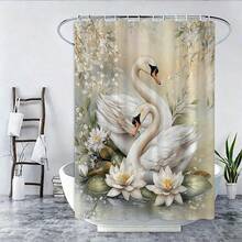 1/4 件套优雅白色天鹅与睡莲浴帘套装 - 阳光花园设计,浴室帘饰有美丽的天鹅、盛开的睡莲和绿植,包含 12 个挂钩,可机洗涤纶材质,浪漫花卉印花浴帘 - A - 查看 6