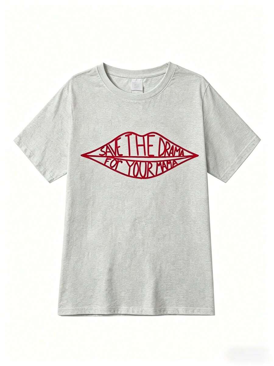 Women White Crew Neck T-Shirt Red Lips Letter Graphic "Save The Drama" Slogan Short Sleeve Casual Y2K Streetwear Cotton Tee - 灰色 - 查看 1