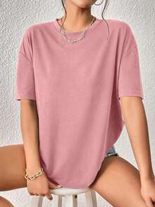 Solid Drop Shoulder Tee - Bụi hồng - Xem 7
