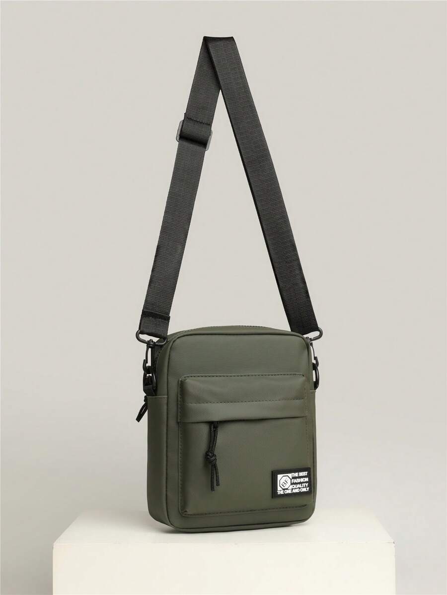 Men's Canvas Crossbody Bag With Pendant, Colorblock Mini Shoulder Bag Phone Pouch - Green - View 1
