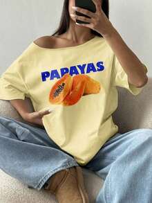 Camiseta holgada de manga corta con estampado de fruta de papaya y cuello asimétrico, color rosa - Amarillo - Ver 3