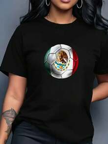 Women's Fitted Cotton T-Shirt With A Soccer Ball Print Featuring The Mexican National Emblem, Casual Round Neck, Ideal For Fans Of The Mexican National Team, Matches, Sporting Events And Patriotic Gifts, Comfortable And Eye-Catching - 黑色 - 查看 2