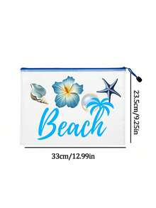 多色防水時尚網格沙灘包，印有「Beach」字樣的化妝包，羽毛花朵、朱槿、海星、貝殼和珍珠元素，大容量透明化妝包，尼龍拉鍊盥洗包，輕巧，可存放防曬霜、零食、比基尼和沙灘必需品，適合送給朋友、家人、閨蜜、同學的生日、節日、派對、婚禮（伴娘）、教師節禮物與紀念品，郵輪必備，夏季度假禮物 - 彩色 - 查看 9