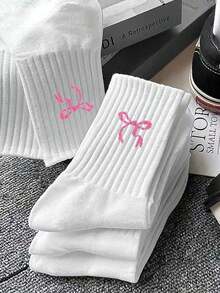 1/5 Pares de Meias Cano Médio Brancas com Laço Rosa para Mulheres, Minimalista Confortável Doce Macia, Adequada para Uso Diário, Esportes, Festas, Todas as Estações - Branco - Visão 3