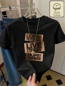 Camiseta 100% con estampado "APRENDE DE AHYE, VIVE EL HOY, ESPERA EL MAÑANA", cuello redondo, manga corta, ropa de verano, cómoda y transpirable para uso diario, ropa de verano para mujer - Negro - Ver 6
