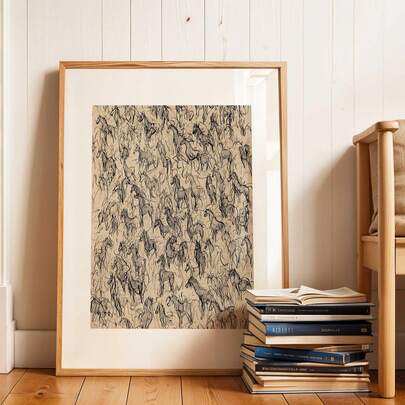 1幅野马素描墙画，复古简约马术绘画，帆布油画，抽象米色动物海报，中性波西米亚风格装饰，适用于客厅、卧室、办公室墙面装饰，可选无框、有框或木质挂轴。