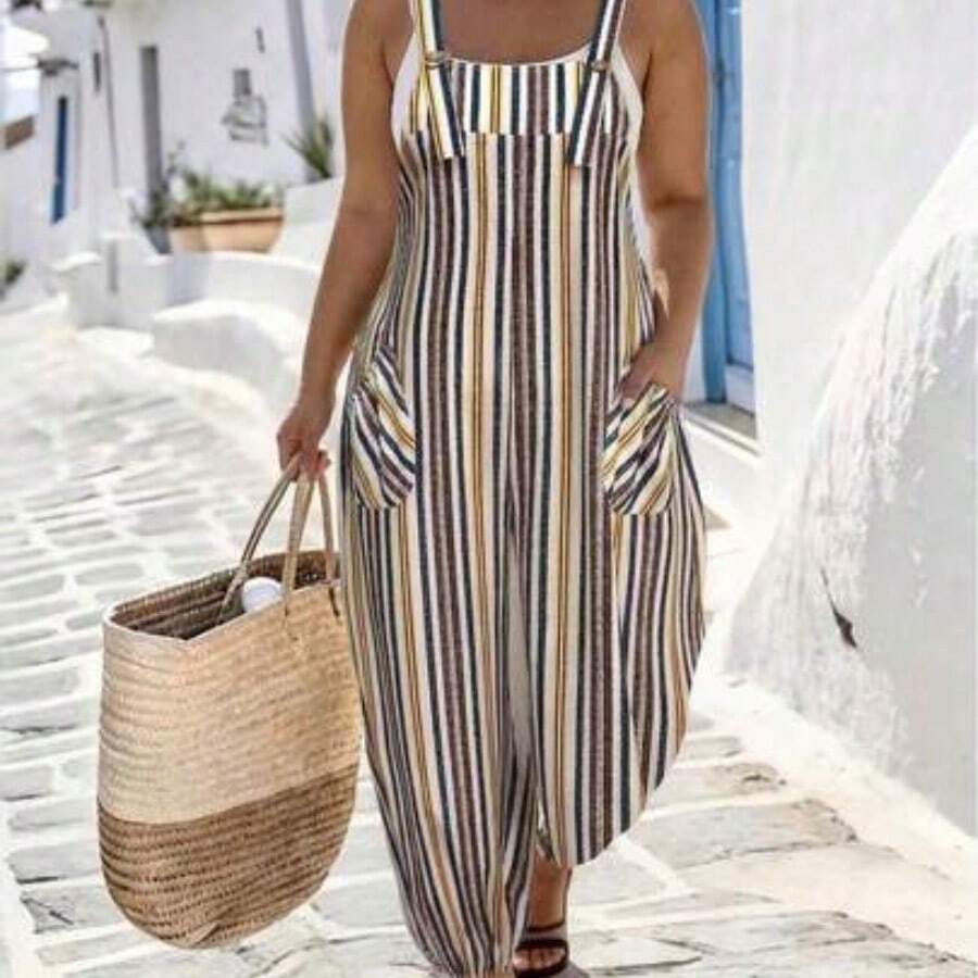 Plus Size Women's Elegant Striped Pocket Jumpsuit, Suitable For Work And Commute, Spring/Summer - Multicolor - Ver 1