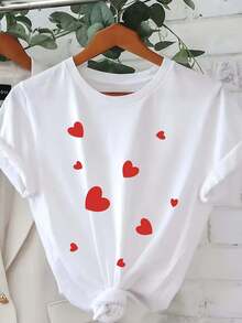 Playera gráfica casual juvenil Plus Size - Camiseta de manga corta para mujer de talla grande - Blusa de corte curvo con estampado de corazón rojo y cuello redondo, tela cómoda y elástica, adecuada para uso diario en tallas grandes. - Blanco - Ver 7