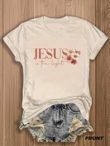 Tropical Outfits,Jesus Flower Cross Double-Sided Printed T-Shirt-Fashion Belief Design Is Suitable For Casual Wear, Very Suitable For Christian Women, Fashionable And Comfortable Cotton Blended T-Shirt, Double-Sided Printed Flowers,,4th Of July Outfit Women - Màu be - Xem 2