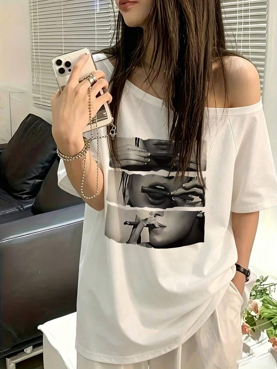 女款白色短袖露肩聚酯纖維T恤，獨特圖案印花，適合日常辦公穿著休閒夏季 - 白色 - 查看 1