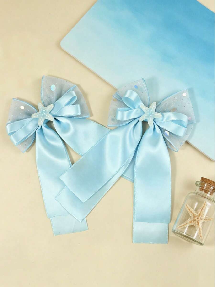 2pcs Solid Color Mesh Bowknot Hair Clips, Matching Starfish Hair Pins, Versatile Casual Style Hair Accessories, Suitable For Beach, Party Wear - Multicolor - View 1