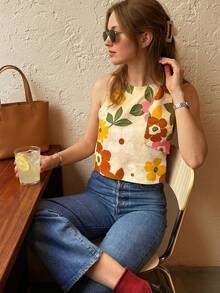 Camiseta de mujer elegante con estampado floral diminuto, adecuada para uso diario y casual de verano en vacaciones - Multicolor - Ver 2