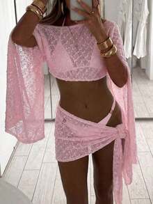 Conjunto de 2 piezas de mujer para primavera/verano con textura de jacquard, blusa tipo chal y minifalda de estilo envolvente, ropa de playa/resort para mujer - Rosa Pálido - Ver 1